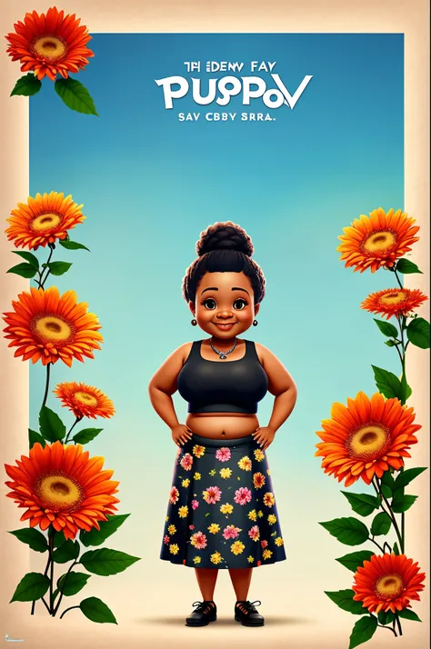 create Disney pixar   inspired movies poster’s.focused on black American fat chubby lady with big smile, small eyes wearing black crop top with long floral skirt and pinch bag 3D image