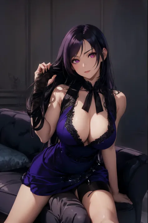 a close up of a woman in a purple dress posing on a couch, seductive tifa lockhart portrait, tifa lockhart, glamorous tifa lockheart, tifa, tifa lockhart portrait, tifa lockhart with white hair, tifa lockheart, portrait of tifa lockhart, seductive. highly ...