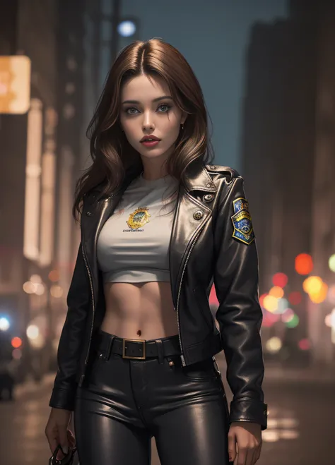 Portrait of anjo as a beautiful female model, georgia fowler, beautiful face, with short dark brown hair, in cyberpunk city at night. She is wearing a leather jacket, black jeans, dramatic lighting, (police badge:1.2)