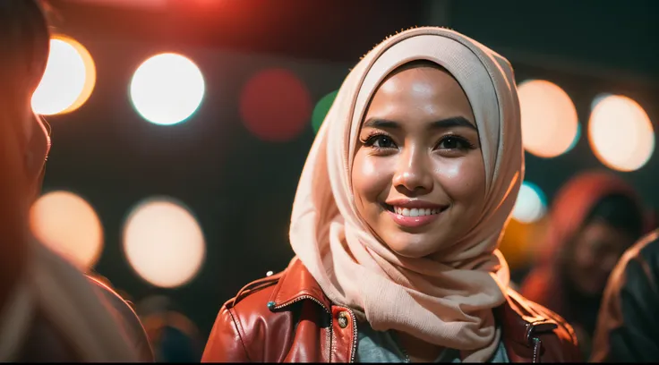 Portrait photography of a beautiful young malay girl in hijab wearing red tank top with leather jacket and white jeans watching a concert, nighttime, concert background, bright lighting, smile and happy gesture,style raw, pastel color grading, Super 8mm le...