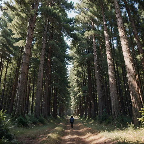 creat a digital matte painting to a giant forest with a giants trees  inside the forest an male astronaut fly over the ground near a green grass in the way