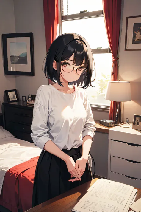 Girl, causal, portrait, glasses,short black hair, in her room, evening