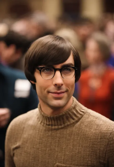 A photo of Howard at a science fiction convention, surrounded by people in cosplay.,The Big Bang Theory,Woward is a man with a large nose, brown bowl cut, and wears turtlenecks