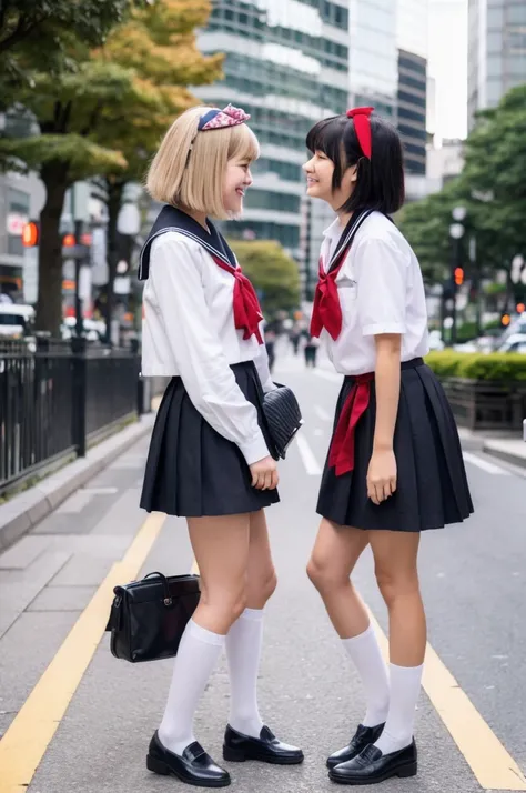 2 girls, Japaneses, beauty, age 17, friends, short hair, long hair, smile, wearing school uniform, sailor color, short skirt, mini skirt, black knee socks, loafers, a ribbon hairband, Tokyo city, autumn, busy downtown, crowded business district, outdoors, ...