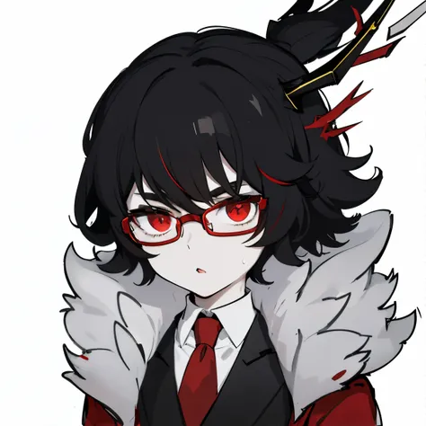 anime boy with black hair and glasses wearing a red tie, pale white skin, red coat with white fur, black horn with gold lines, white and red eye, ice on left cheek, neutral face