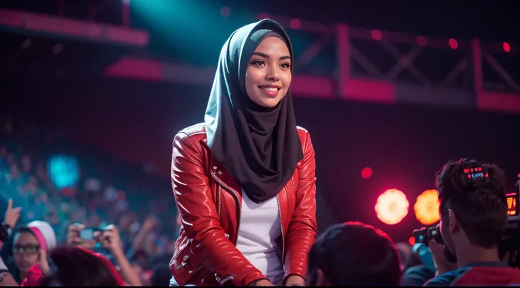 Portrait photography of a beautiful young malay girl in hijab wearing red tank top with leather jacket and white jeans watching a concert, nighttime, concert background, bright lighting, smile and happy gesture,style raw, Low angle shot, blue color grading...