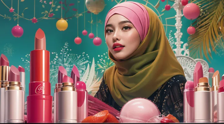 Design a whimsical advertising poster for a lipstick product. Feature a Malay girl in hijab surrounded by floating lipstick tubes in a fantasy world. Use vibrant colors to evoke a sense of playfulness and glamour