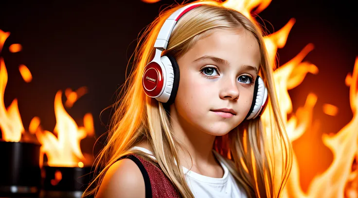 10 years old girl BLONDE CHILD, golden eyes, platinum haired girl, there is a woman with headphones and a red background, on fire, flames in the background, flames surround her, fire and flames and smoke, portrait shot, promotional art, red flames in the b...