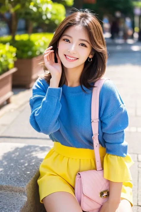 beautiful woman with good eyes and nose、Beautiful as a model、Cute like a model、Eyes are double、Usage of regular mascara、Eye color blue、Hair color pink、Her face is delicate and classy.、imagem 4k、Beautiful style like a model、Ordinary big、A refreshing and lov...