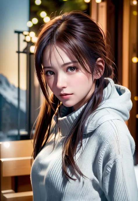 8K, of the highest quality, masutepiece:1.2), (Realistic, Photorealsitic:1.37), of the highest quality, masutepiece, Beautiful young woman, Pensive expression,、A charming、and an inviting look, skiing、snowboarder、Ski Wear, Hair tied back, Cinematic backgrou...