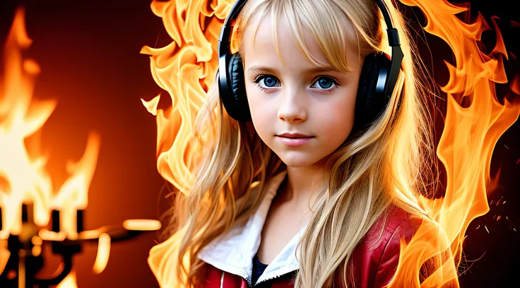 10 years old girl BLONDE CHILD, golden eyes, platinum haired girl, there is a woman with headphones and a red background, on fire, flames in the background, flames surround her, fire and flames and smoke, portrait shot, promotional art, red flames in the b...