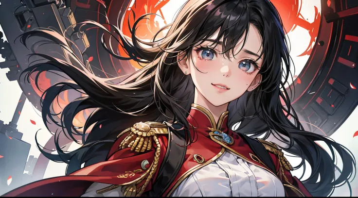 (absurderes、hight resolution、ultra-detailliert)、1 person woman、black hair red inner color、Blushing cheeks and smiling、Black and red German military uniform with detailed and flamboyant decorations、image of an excellent analyst、The background is a high-tech...