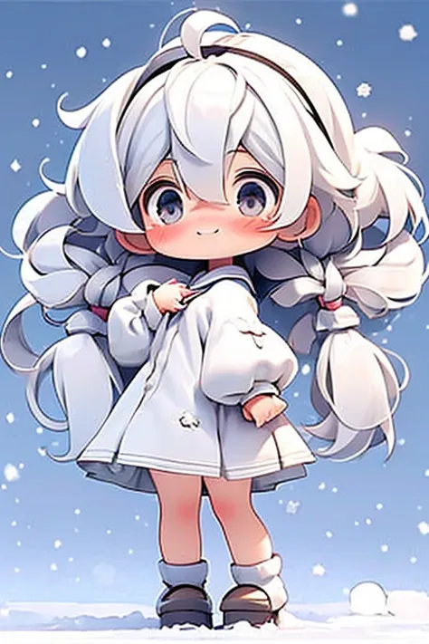 girl, ((loli)), kawaii, medium hair, black eyes, (small breasts), (school uniform), light smile, (snow), ((white hair)), (narrowed eyes), twintails, lolita hairband, Holding a big snowflake in hand，Full body in camera，sprout