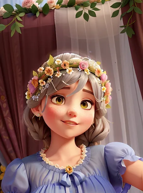 there is a woman wearing a flower crown in front of a curtain, wearing angel halo, wearing a flower headpiece, wearing angel halo covered face, wearing a floral crown, wearing a light grey crown, she has a crown of dried flowers, flower crown, she has a cr...