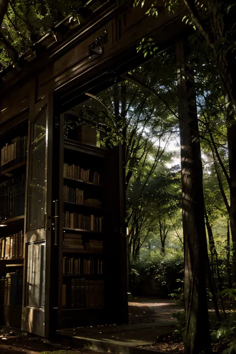 A Mysterious Library, in the middle of the woods, Large double doors, fireflies flying, a glow surrounding the library, moon light filtering through the trees, light and shadow effect, Rich colors, detailed, depth of fields,