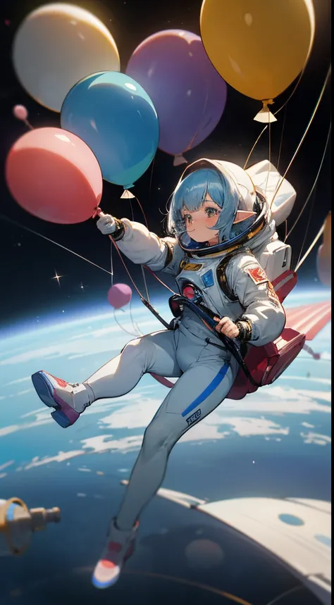 (masterpiece),(magical), (cute astrounaut elf flying with balloons on space:1.3), (she is holding balloons:1.3), magical, (astronaut suit:1.3), (perfect anatomy:1),  fantasy, (holding:1.3), (full body:1), deep space, she has a light blue hair, (blunt bangs...