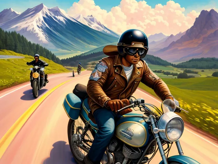 pintura de um homem e uma mulher andando de moto em uma estrada, por Mads Mountain, capa de romance, pilotando uma motocicleta, Rhats e Lois van Baarle, Boris Vallejo e Tom Bagshaw, ( ( Montanha Mads ) ), Steve Henderson, por RHADS, pilotando uma motocicle...