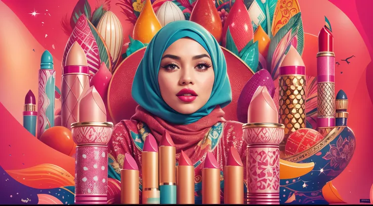 Design a whimsical advertising poster for a lipstick product. Feature a Malay girl in hijab surrounded by floating lipstick tubes in a fantasy world. Use vibrant colors to evoke a sense of playfulness and glamour