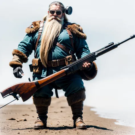 Short old long white bearded hunter with a sniper rifle, dwarf sharpshooter, lightweight armor, yellow round goggles, dota 2 sniper