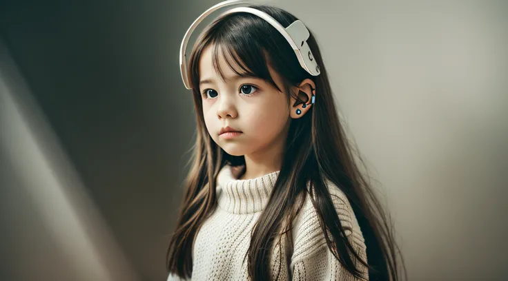 CHILD girl with long hair wearing a white sweater and muffled black ears. halo of fire