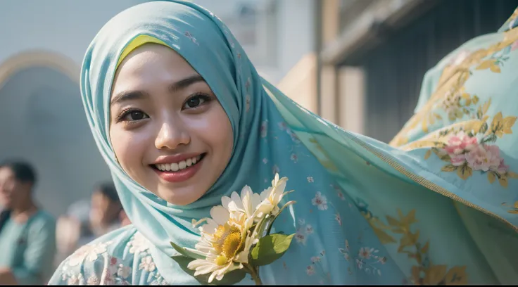 1 malay woman in hijab,((wear tight light blue baju kurung with small floral pattern)),(big buttocks), big round ass, Small chest, laughing smile, (hijab flying), de pele branca,big breasts thin waist, china-style street, Hyper-Realism, Cinematic lighting,...