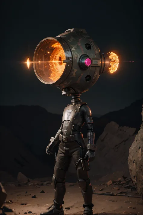 A Modern flat toon Crazy whit a Big ONE a Only Eye Robot and helmet Style, tongs in hands, Tv head, pinhead, camouflage PINK Rusty, Ambient in a meteorite crater super detailed, center, beautiful, soft lighting, focused on the character, 4K resolution, pho...