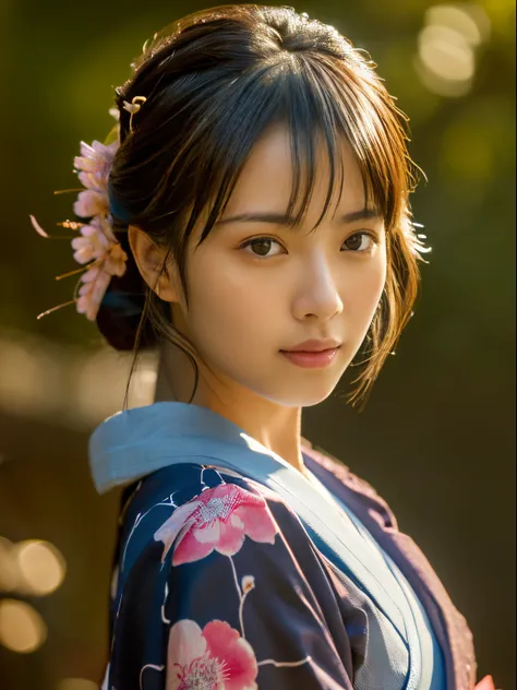 ((of the highest quality, 8K, masutepiece: 1.3)), Sharp Focus: 1.2, (Super beautiful face: 1.0), (Glossy skin: 1.0), Realistic Photos, Black hair, Movie Lighting, Highly detailed eyes and face, Movie Lighting,  (Cowboy Shot: 1.0),  (Kimono, Hakama, Obi: 1....