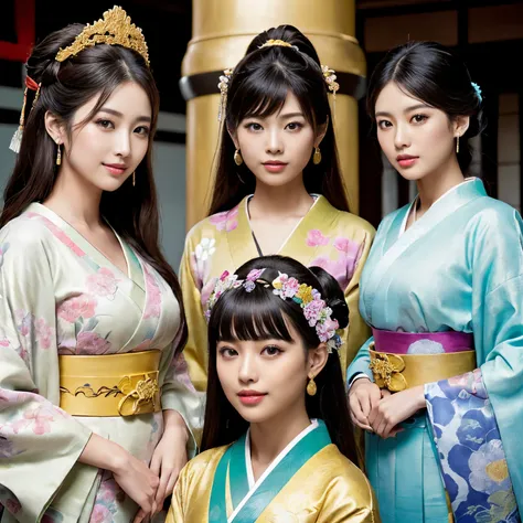 ((top-quality、masutepiece、8K、Top image quality、Very complex and detailed details、Shooting centered on one woman 、very bright and vivid photos、a high chroma、1 photo))、((1 Princess、empress、Princess of the Heian period、Princess cut hairstyle、Mainly female clo...