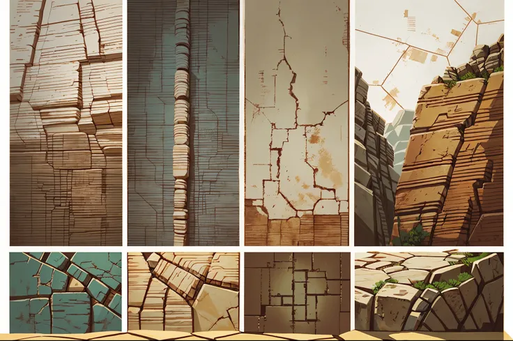 a close-up of individual and separated textures that serve as an asset and graphic resource for a 2d video game different tileable tile set textures of rocks, Estructuras rocosas altamente detalladas, Texturas pintadas a mano, Textura del juego 2d asset ga...