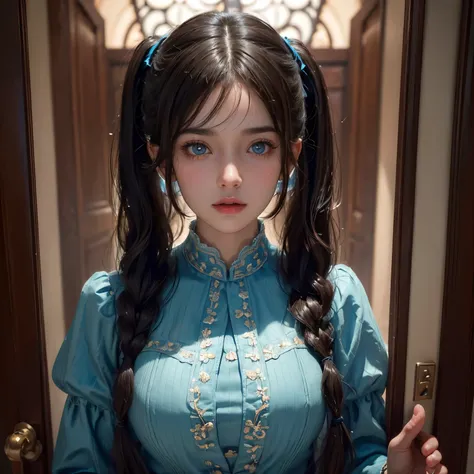 (Closer portrait) 1beautiful girl, dark brown hair with bangs, two pigtails, azure blue wide eyes, rosy cheeks, in door, intricate ornaments, realistic, dynamic poses, tranquil, indoor, cinematic lighting, trending on ArtStation, by Irakli Nadar, Greg Rutk...