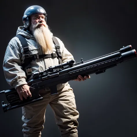 Old dwarf long white bearded sniper , custom starwars sniper rifle, space suit with rounded glass helmet