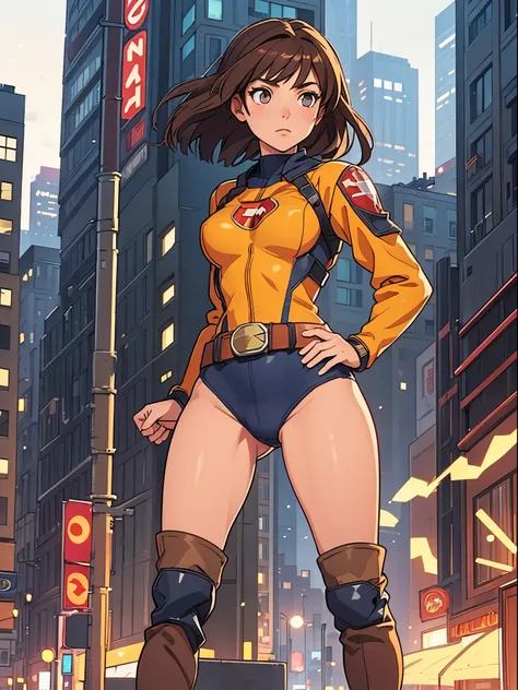 masterpiece, best quality, 1girl, superhero, leotard, bare legs, knee boots, matching boots, heroic, city backdrop, standing, body infused with energy, light particles, solo, single, cowboy shot, perfect anatomy, hand on hip, brown hair, beautiful detailed...