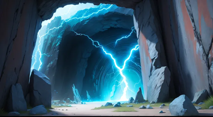 artwork of an entrance to a portal with some blue lightning flying out of it, scenery, no humans, rock