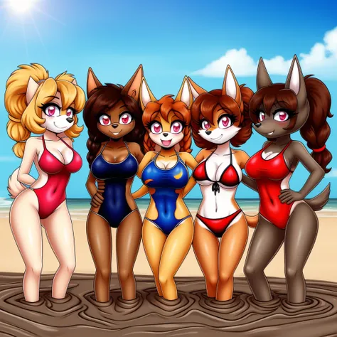 furry, fur, tail, anthro female, female furry, detailed fur, best quality, HD, full body, cameltoe, 5girls, 5 girls in beach, multiple subjects, group, team, adult female, group shot, coyote girl, cocker spaniel girl, borzoi girl, jackal girl, wolf girl, f...