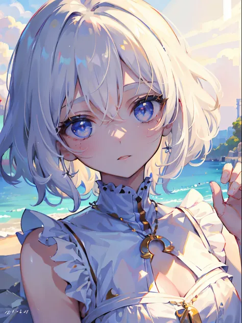 (masterpiece,best quality,ultra-detailed),1girl,beautiful and detailed face, detailed eyes,looking at viewr,short hair,white hair, curly hair, white sleeveless shirt,keyhole neckline,(petite), medium chest,