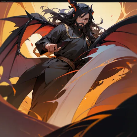 1male, dragon wings, dragon horns, glasses, big long black beard, big long black hair, ((4k resolution)), ((High definition)), ((Master piece))