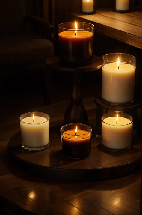 a wooden table with burning candles in various shapes, atmospheric graphics, candles in glass packaging, soy candles.