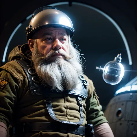 Old dwarf long white bearded sniper , custom starwars sniper rifle, space suit with rounded glass helmet all over his face