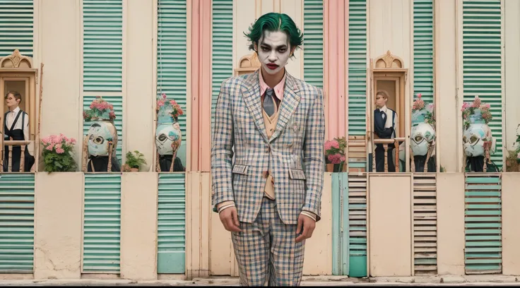 Vogue style photo shoot of malay teenage boy as character JOKER from the movie batman with pastel colored background in Wes Anderson style, hyper - realistic photography, Wes Anderson style, full body, 8k, close - up shot, extreme close - up photo