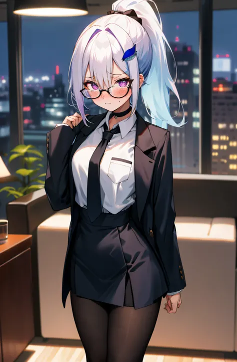 One girl with high ponytail hair, white hair, blue inner hair, (purple pupils:1.0), looking at viewer, embarrassed, blushing, tears, indoor, living room, suit, white shirts, black necktie, mini skirt, office lady, thigh, slim, dizzy, choker, mid-chest, wid...