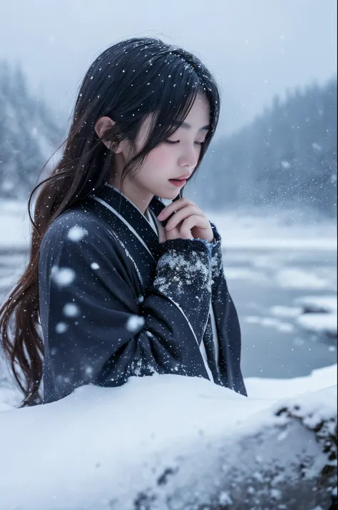 An enchanting and ethereal illustration of a Yuki-Onna, a character from Japanese folklore, set against a snowy mountain backdrop with a blizzard swirling around. She has long, flowing silver hair that glistens in the icy environment, complementing her pal...