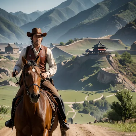 Red Dead Redemption Game，Dutch, the leader of the Van der Linde gang, rides a horse in a Chinese countryside，With a shotgun