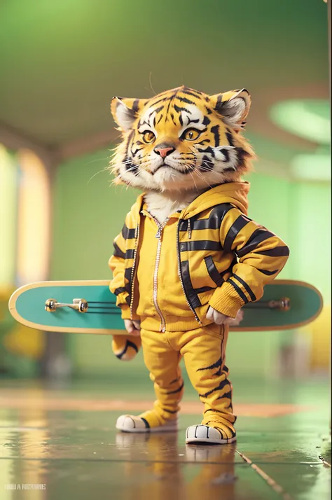 Cartoon tiger with yellow jacket and skateboard, style raw, pastel color grading, Super 8mm lense, Extreme close-up, Deep Focus cinematography effect, high quality, ultra detail, 8k