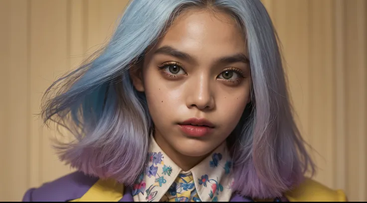 Vogue style photo shoot of malay teenage girl as character JOKER from the movie batman with pastel colored background in Wes Anderson style, hyper - realistic photography, Wes Anderson style, full body, 8k, close - up shot, extreme close - up photo