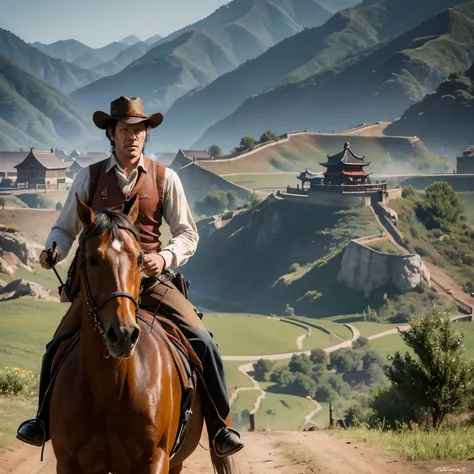 Red Dead Redemption Game，dutchangle, Dutch, leader of the van der Linde gang.Van der Linde, In the Chinese countryside，Shotgun in hand，Next to him is his little brother，There is a white horse nearby