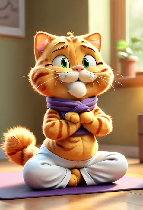 tmasterpiece， Best quality at best， （VerydetailedCG），（8k wallpaper）， （Best quality at best）， （Best Best Illustration），Garfield is practicing yoga，Upward dog