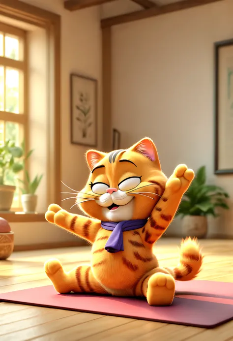 tmasterpiece， Best quality at best， （VerydetailedCG），（8k wallpaper）， （Best quality at best）， （Best Best Illustration），Garfield is practicing yoga，Upward dog