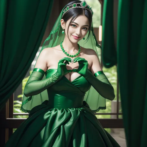 emerald tiara, Green Pearl Necklace, Boyish very short black hair, lipsticks, Japan woman smiling, very short short hair,  big breasts beautiful, Green eyes, Long green gloves made of satin material, Green eyes, Emerald Earrings, green vale, Heart with bot...