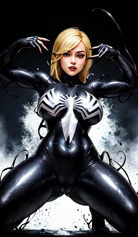 4K，realisticlying，Glamorous，The is very detailed，There is a girl in Dingcheng，Blonde hair，Wearing a black Spider-Man costume，（Black and white：1.4） the night,symbiote，venomize，a large amount of mucus,she is a spiderman，Black superhero theme，In front of the ...