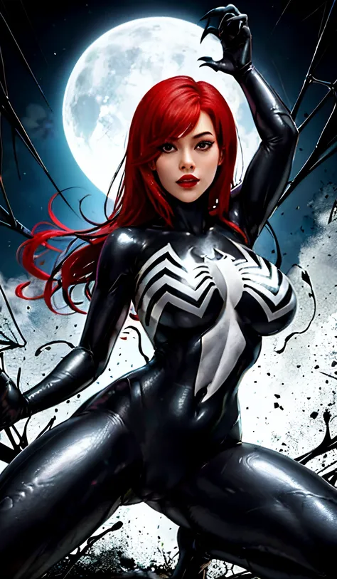 4K，realisticlying，Glamorous，The is very detailed，There is a girl in Dingcheng，Red hair，Wearing a black Spider-Man costume，（Black and white：1.4） the night,symbiote，venomize，a large amount of mucus,she is a spiderman，Black superhero theme，In front of the sky...